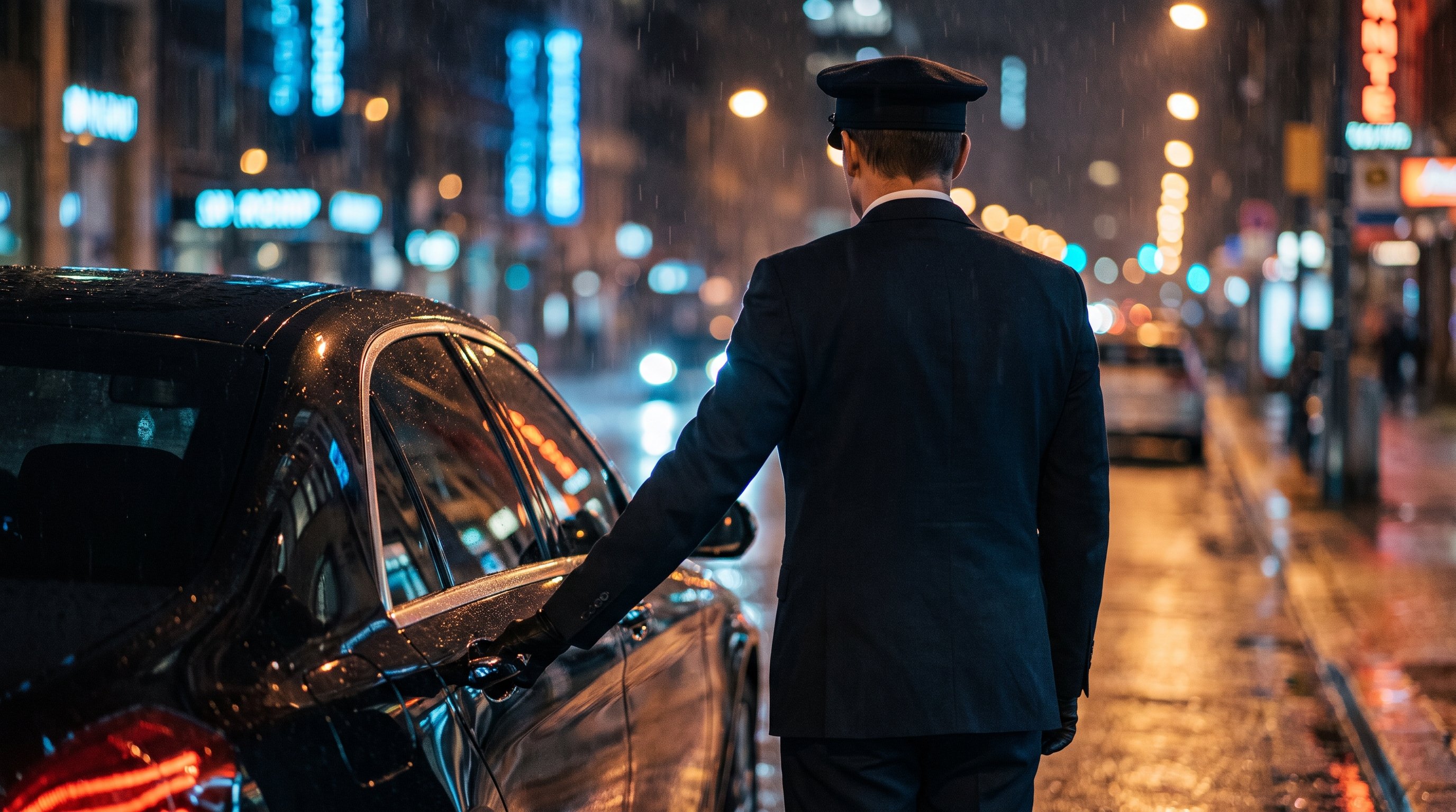 Chauffeur van B&J Luxury Services opent 's avonds bij regen de deur van een luxe wagen