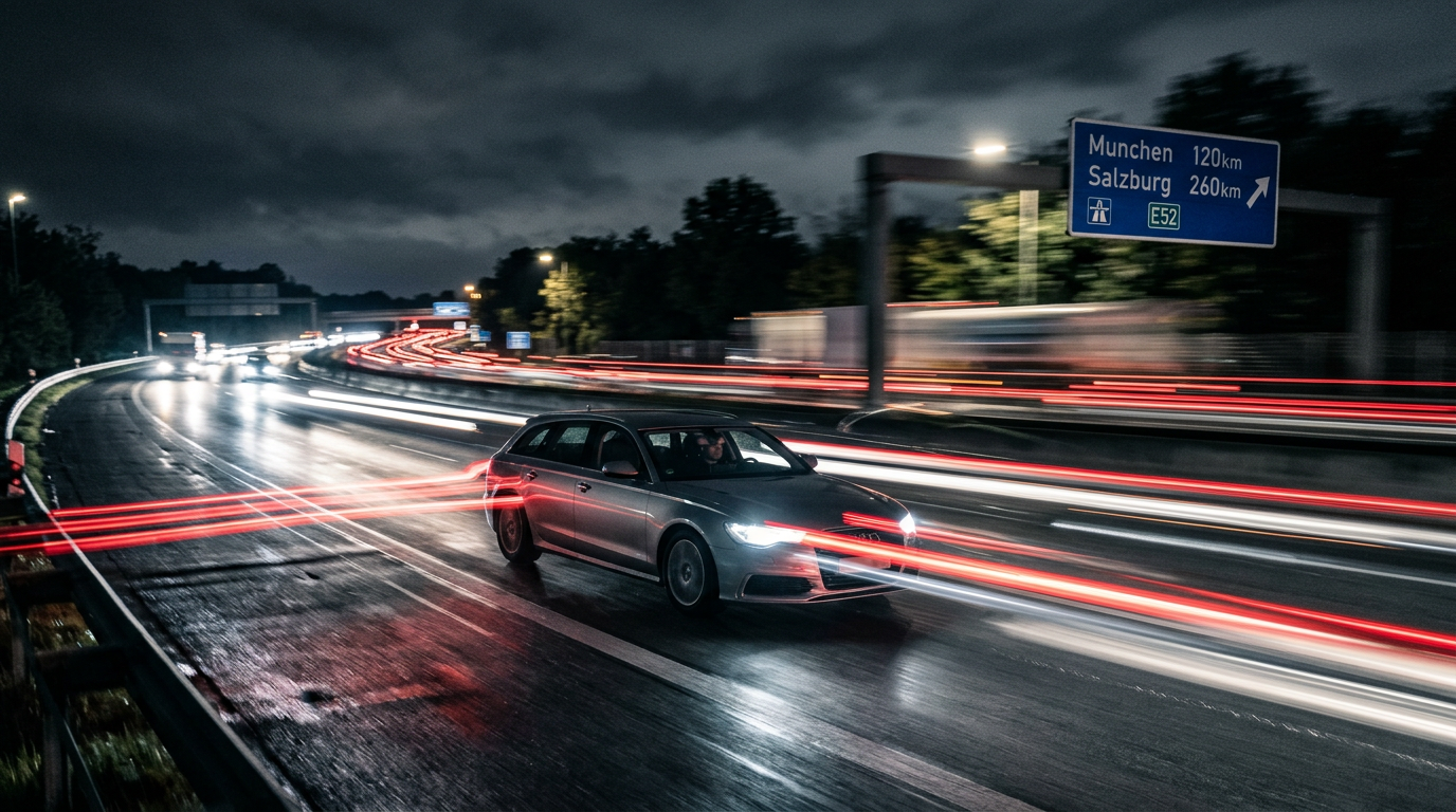 Luxe wagen onderweg op de snelweg bij avond